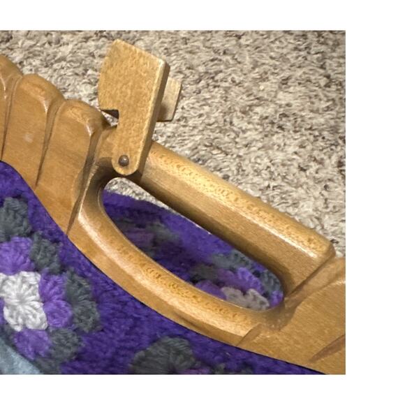 Cottage Core Purple Granny Square Crochet Wood Handle Handbag - Picture 6 of 6